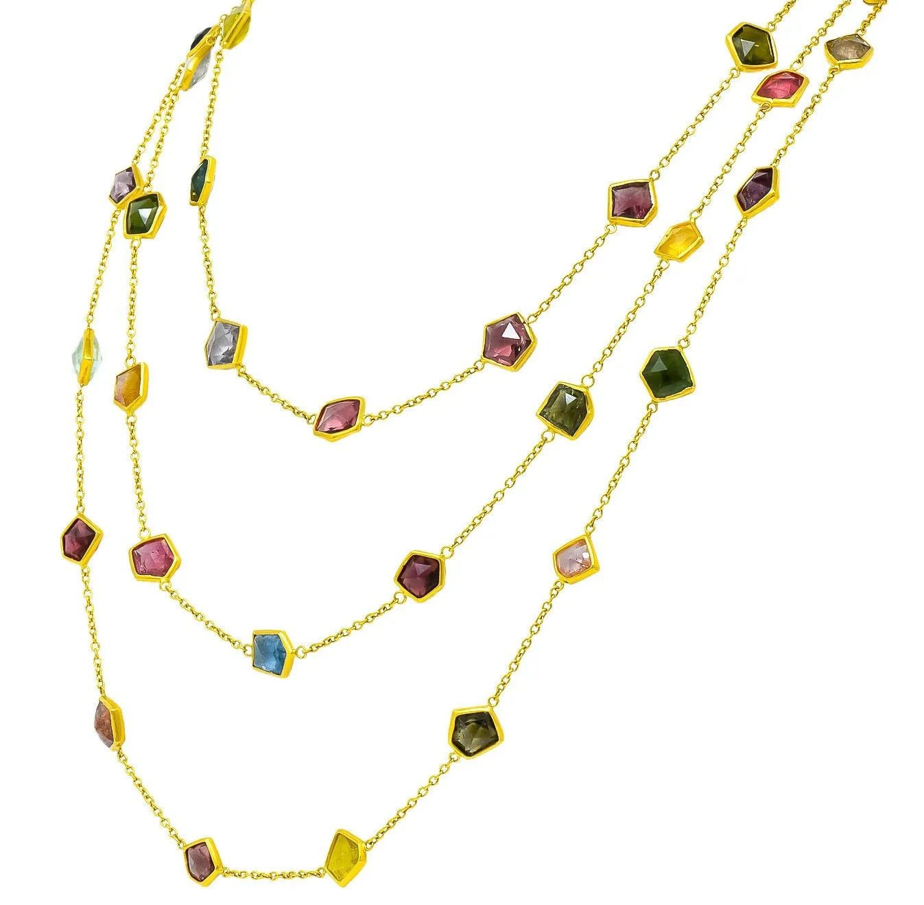 Contemporary Fancy Colored Tourmaline 18 Karat Yellow Gold Long Station Necklace