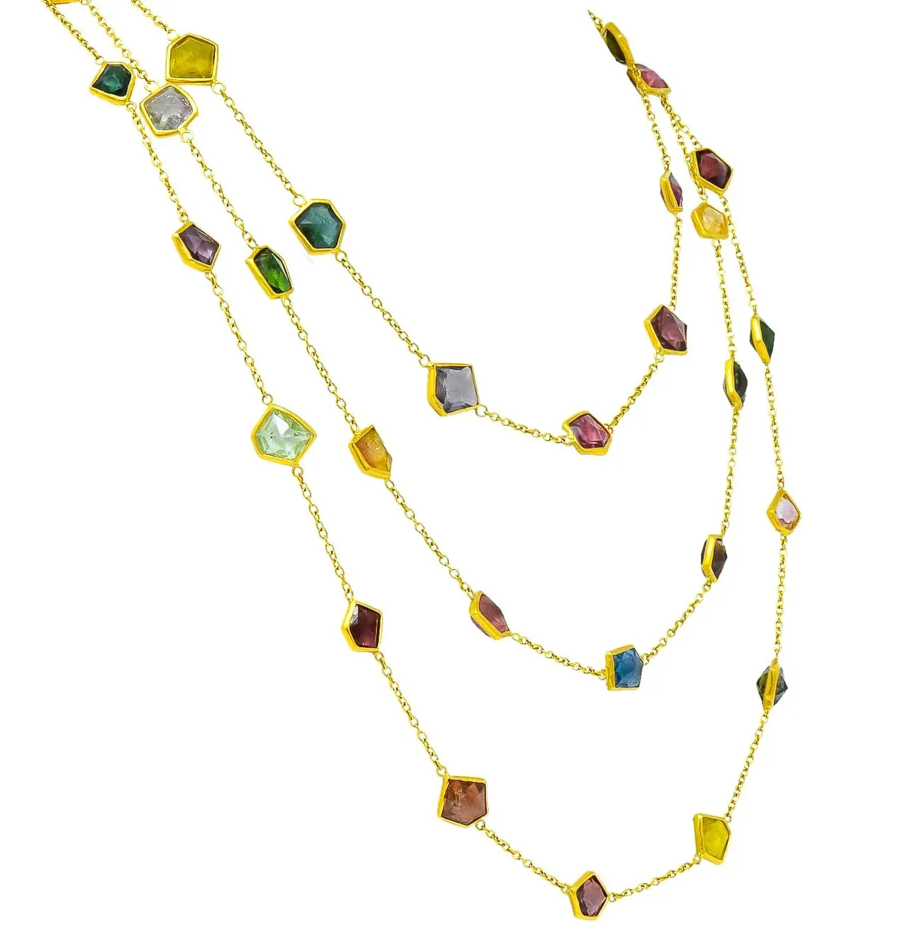 Contemporary Fancy Colored Tourmaline 18 Karat Yellow Gold Long Station Necklace