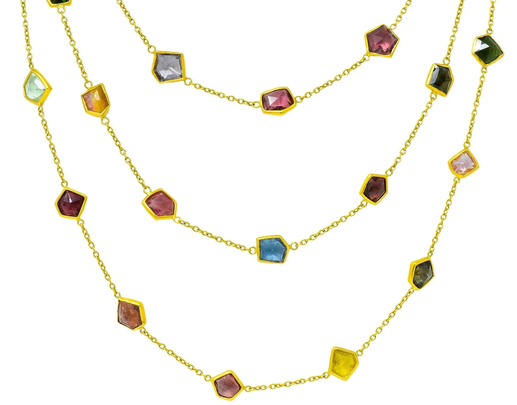 Contemporary Fancy Colored Tourmaline 18 Karat Yellow Gold Long Station Necklace