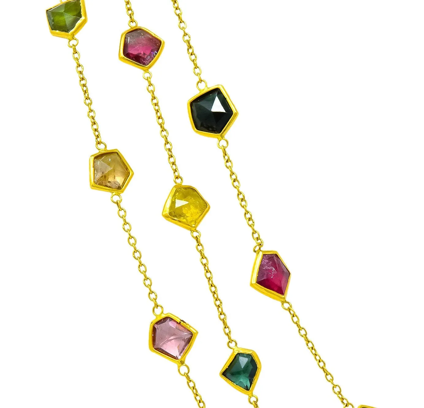 Contemporary Fancy Colored Tourmaline 18 Karat Yellow Gold Long Station Necklace