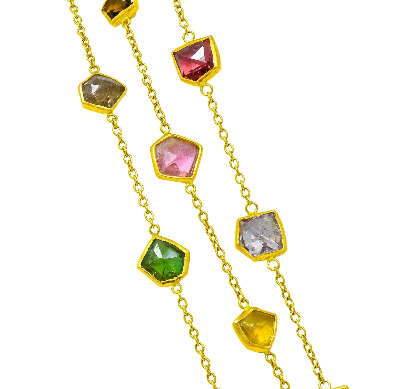 Contemporary Fancy Colored Tourmaline 18 Karat Yellow Gold Long Station Necklace