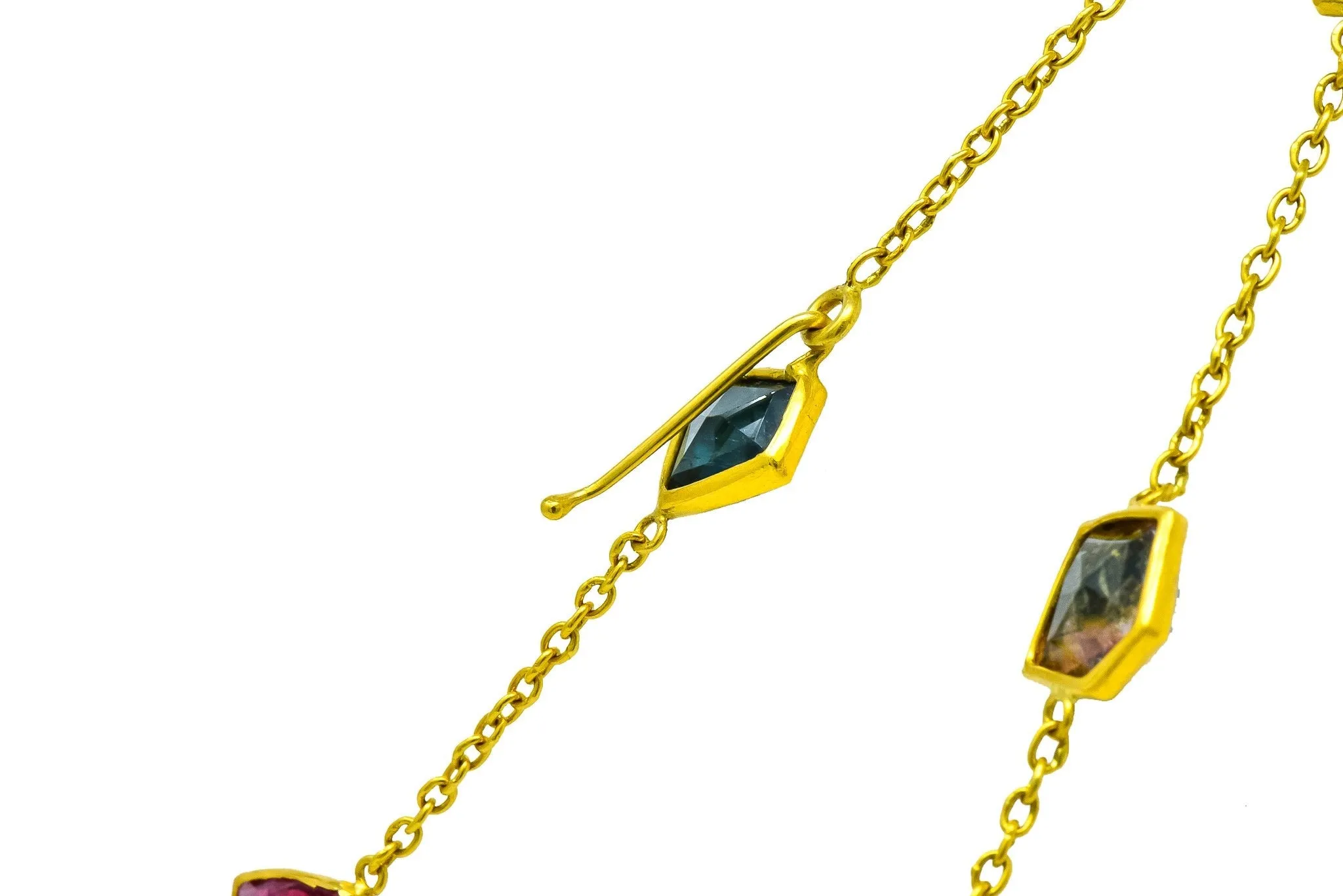 Contemporary Fancy Colored Tourmaline 18 Karat Yellow Gold Long Station Necklace