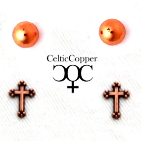 Copper Stud Earrings 2 Pair Set Copper Ball Studs And Copper Florentine Cross Earrings