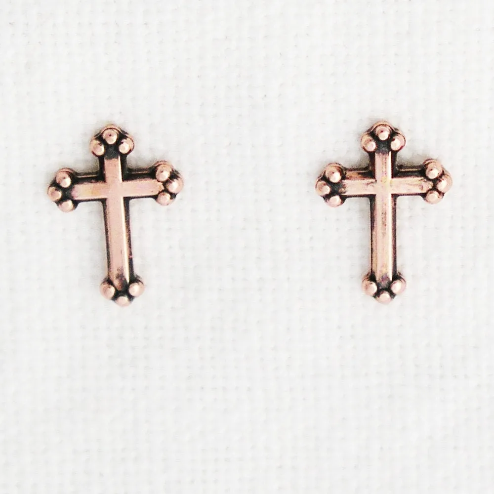 Copper Stud Earrings 2 Pair Set Copper Ball Studs And Copper Florentine Cross Earrings