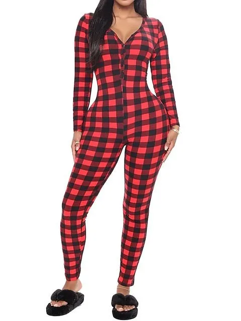 Cozy Women's Grid Plaid Onesie with V-Wire Detail and Button Closure