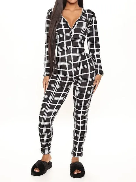 Cozy Women's Grid Plaid Onesie with V-Wire Detail and Button Closure