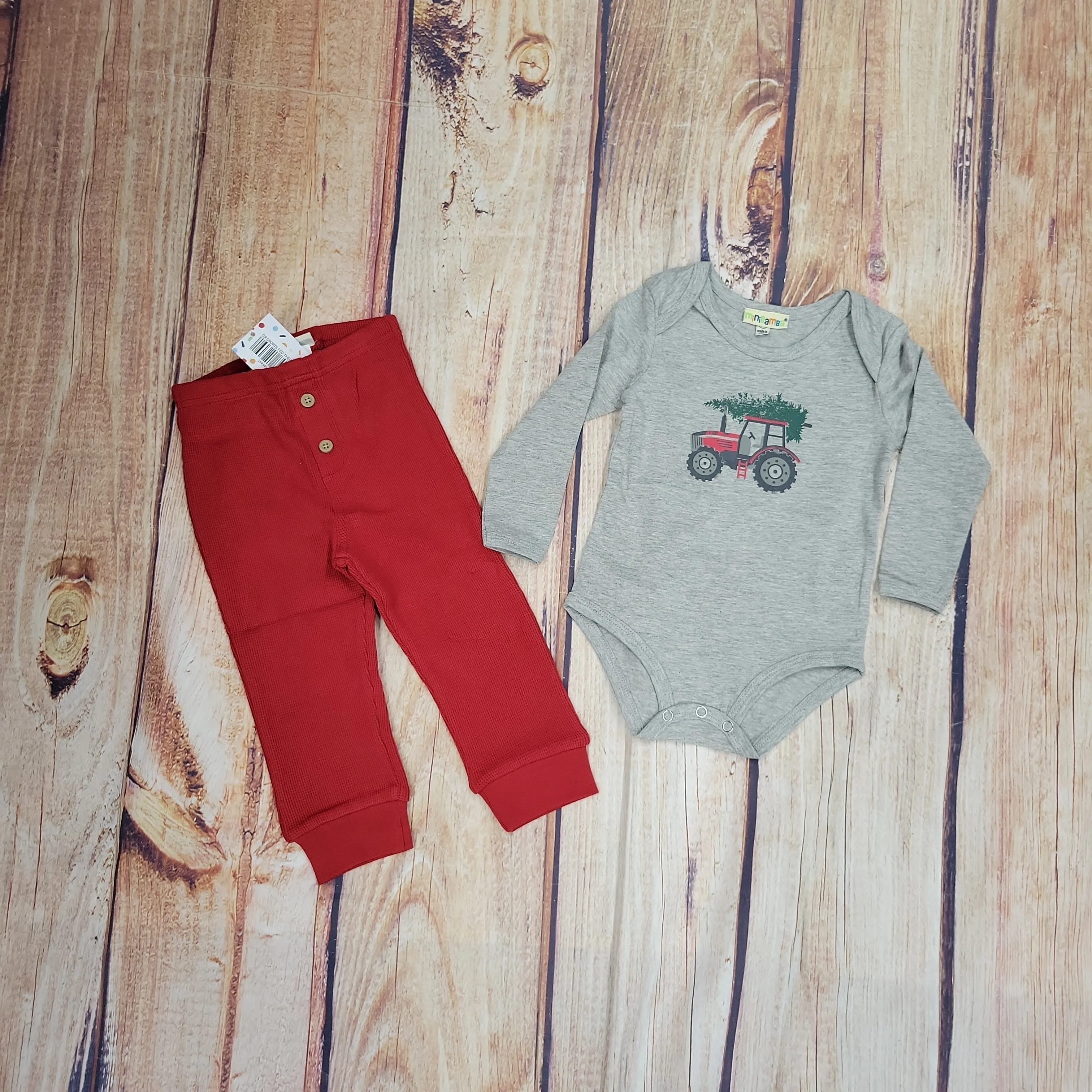 CR SPORTS RED TRACTOR AND TREE LONG SLEEVE ONESIE