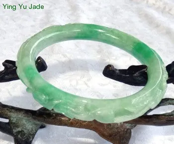 Estate Pre-Owned Carved Lucky Coins, Peach, Bird, Lingzhi and More Jadeite Jade Bangle 53.5mm (TI-1292-8