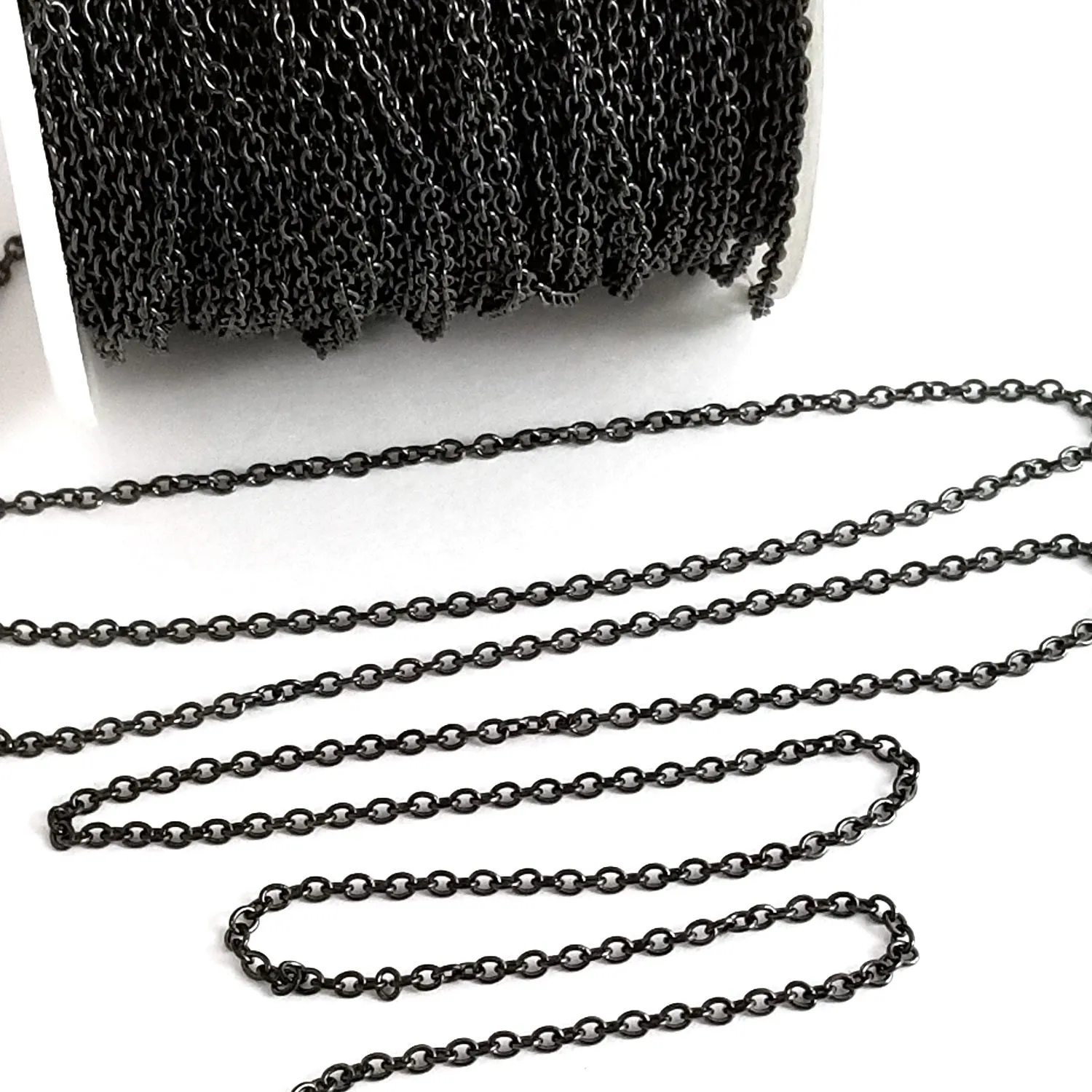 Fine Black Stainless Chain, 2mm Soldered Closed Links, Lot Size 50 Meters on a Spool, #1913 BL