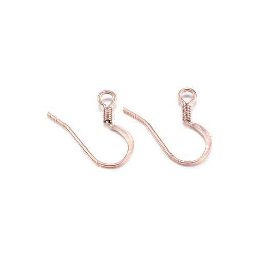 French Earring Hooks, 304 Stainless Steel, Flat Earring Hooks, Ear Wires, With Coil And Horizontal Loop, Rose Gold Plated, 14mm