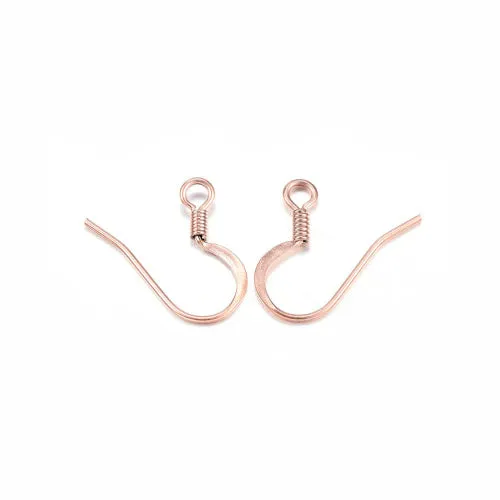 French Earring Hooks, 304 Stainless Steel, Flat Earring Hooks, Ear Wires, With Coil And Horizontal Loop, Rose Gold Plated, 14mm