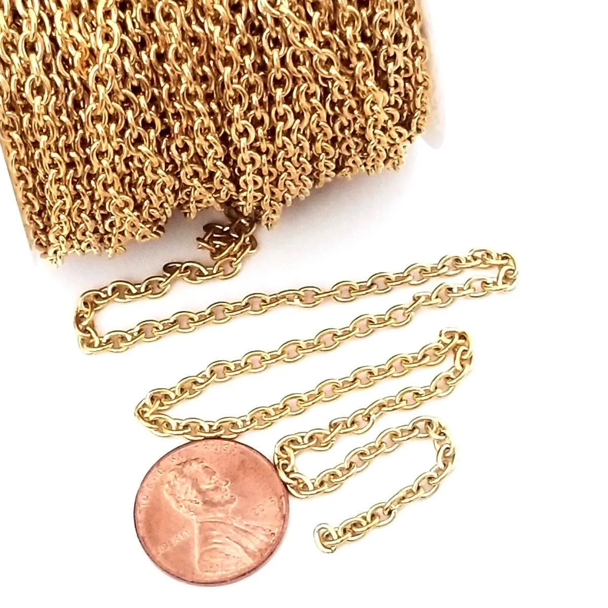 Gold Stainless Steel Jewelry Chain, 3x4mm Oval, Open Links, Lot Size 25 Meter Spool, #1922 G