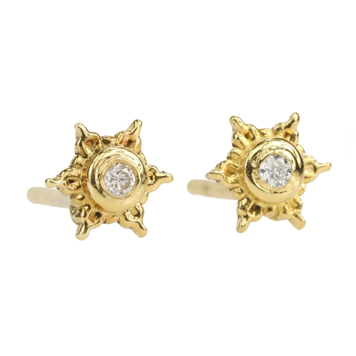 Gold Star Stud Earrings with Bezel-Set Diamond Center