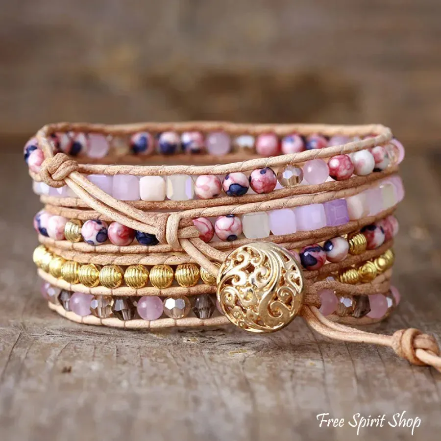 Handmade Rose Quartz & Gold Beads Wrap Bracelet