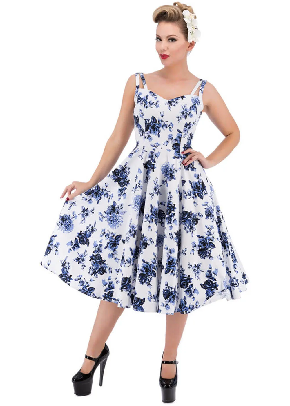 Hearts & Roses Rosanne 50's Swing Dress White Blue