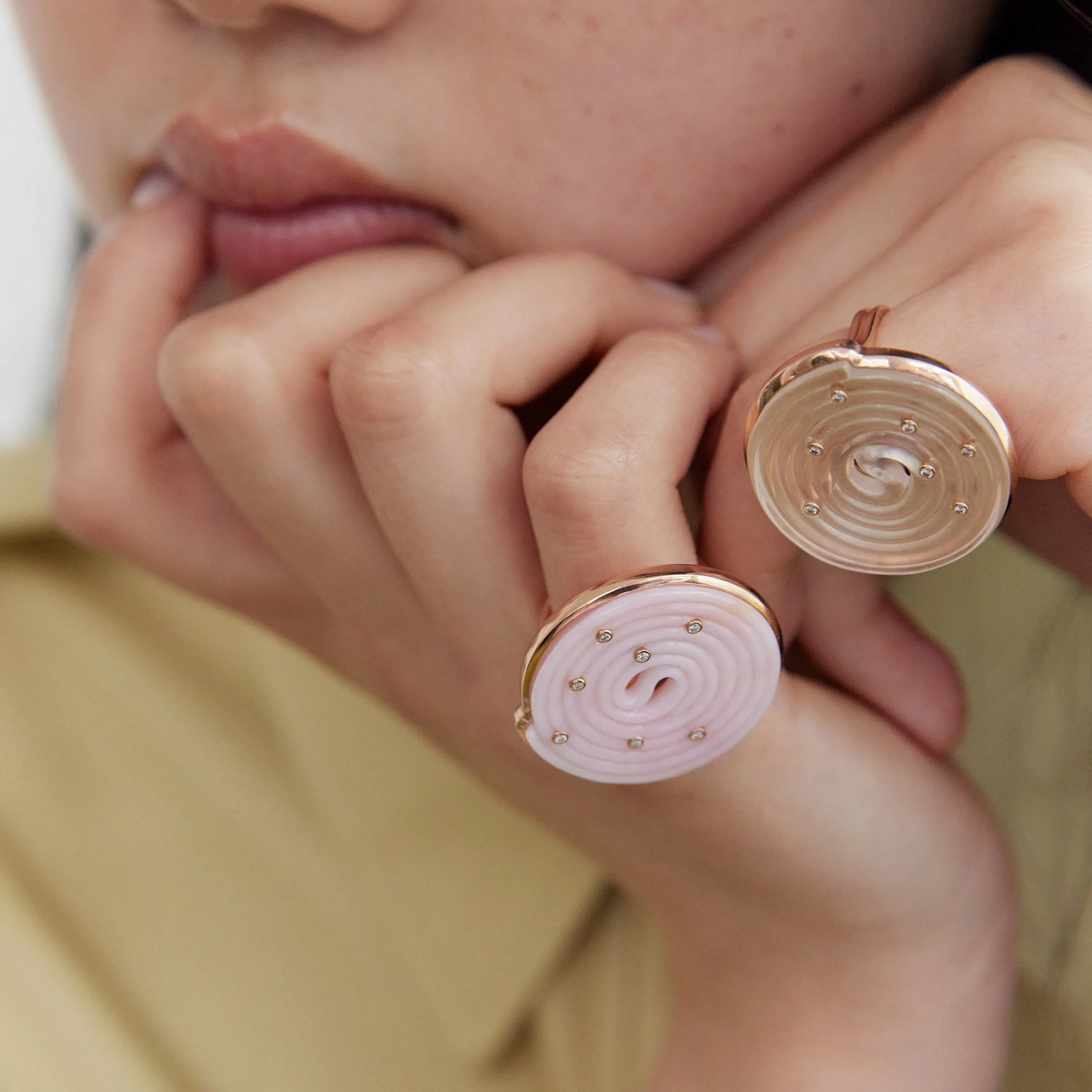 Licorice ring stoned rose gold with pink opal and diamond