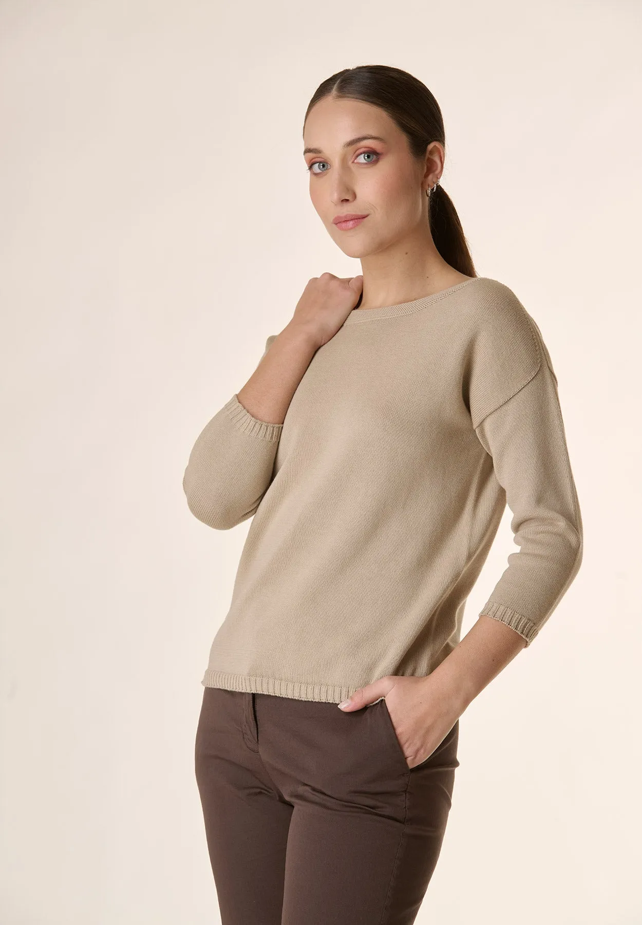 Maglia beige barchetta manica 3/4 cotone