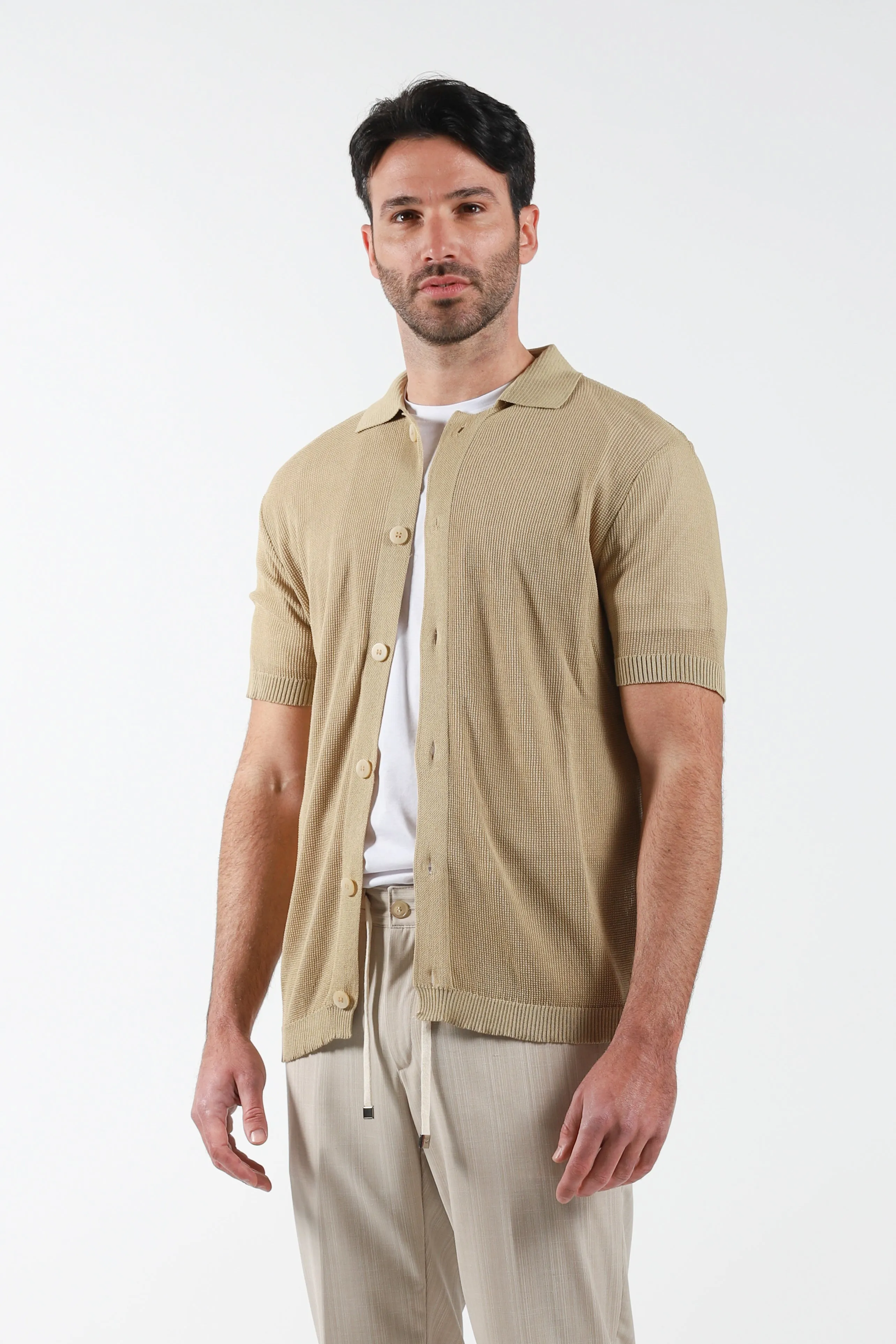 Maglia in filo mezza manica a camicia - Beige