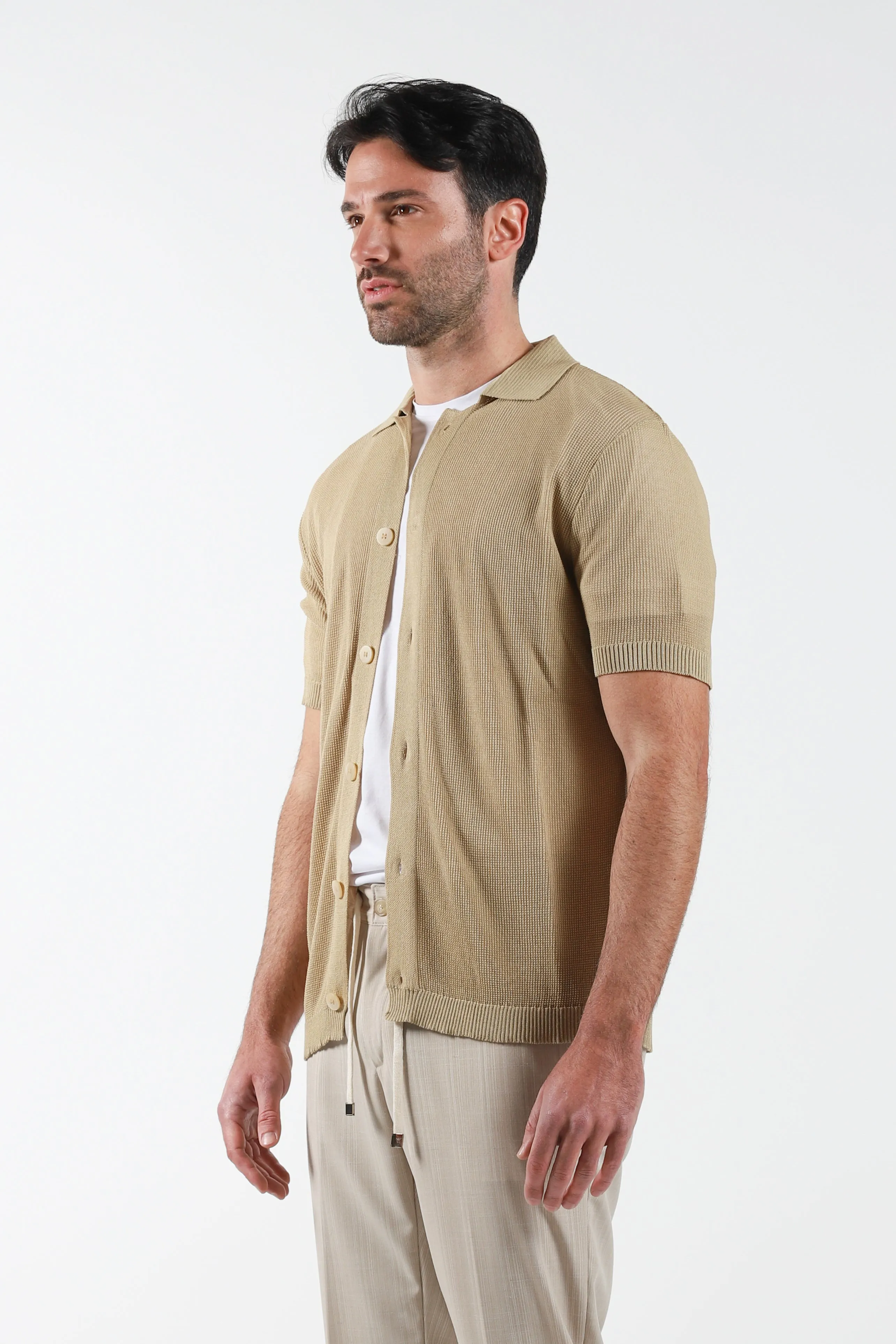 Maglia in filo mezza manica a camicia - Beige