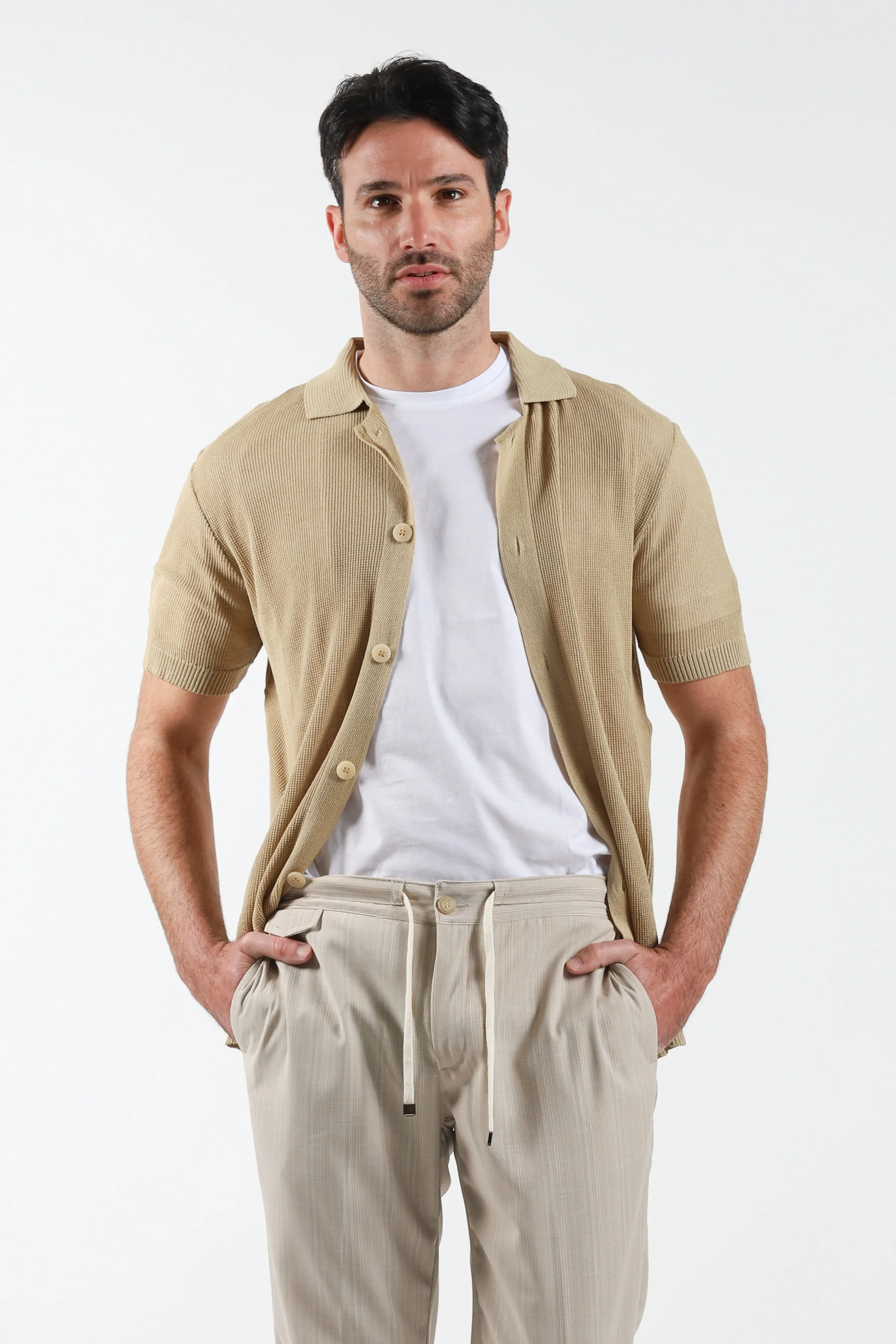 Maglia in filo mezza manica a camicia - Beige