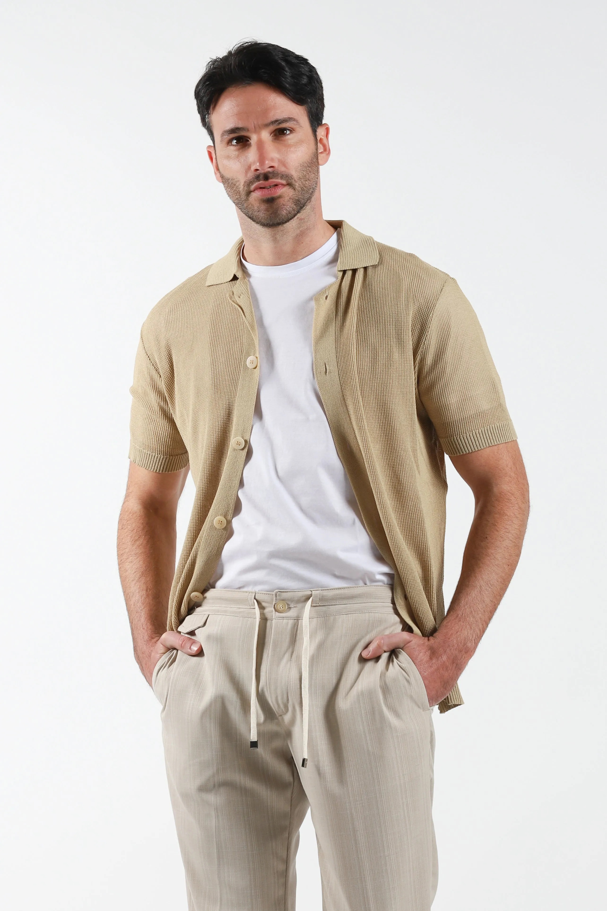 Maglia in filo mezza manica a camicia - Beige