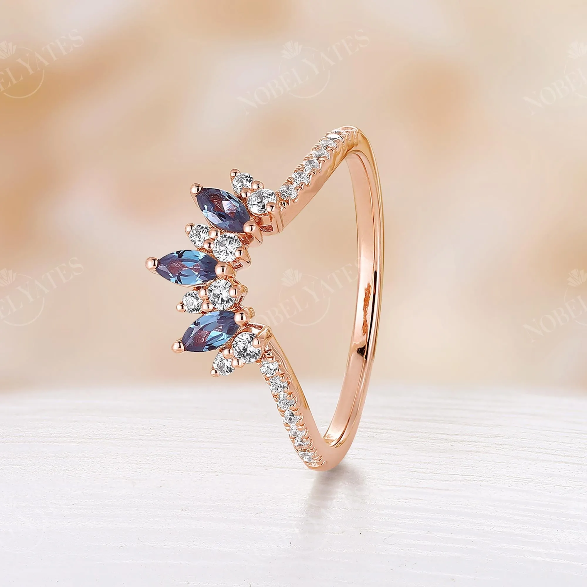 Marquise Lab Alexandrite Cluster Curved Wedding Band Rose Gold