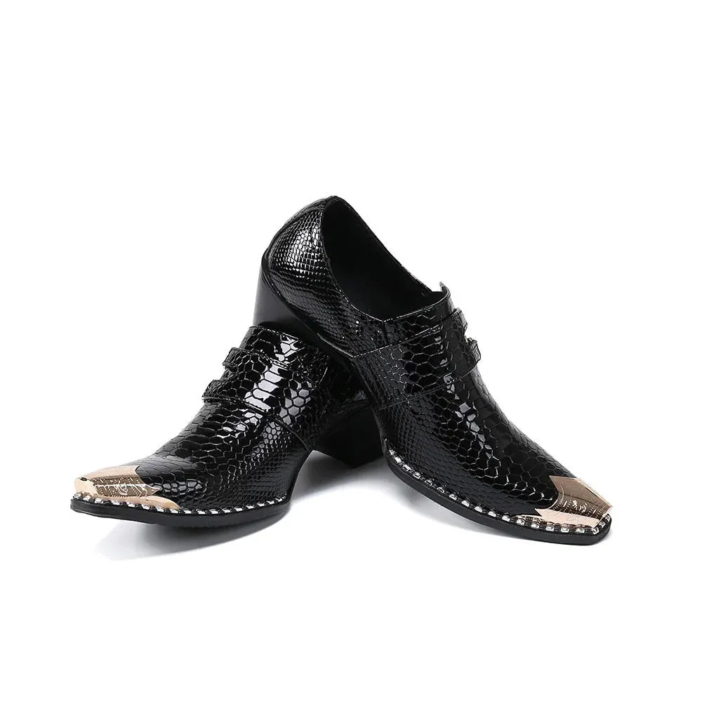 Men's Black Genuine Leather Pointed Metal Tip 6.5cm High Heel Oxford Shoes