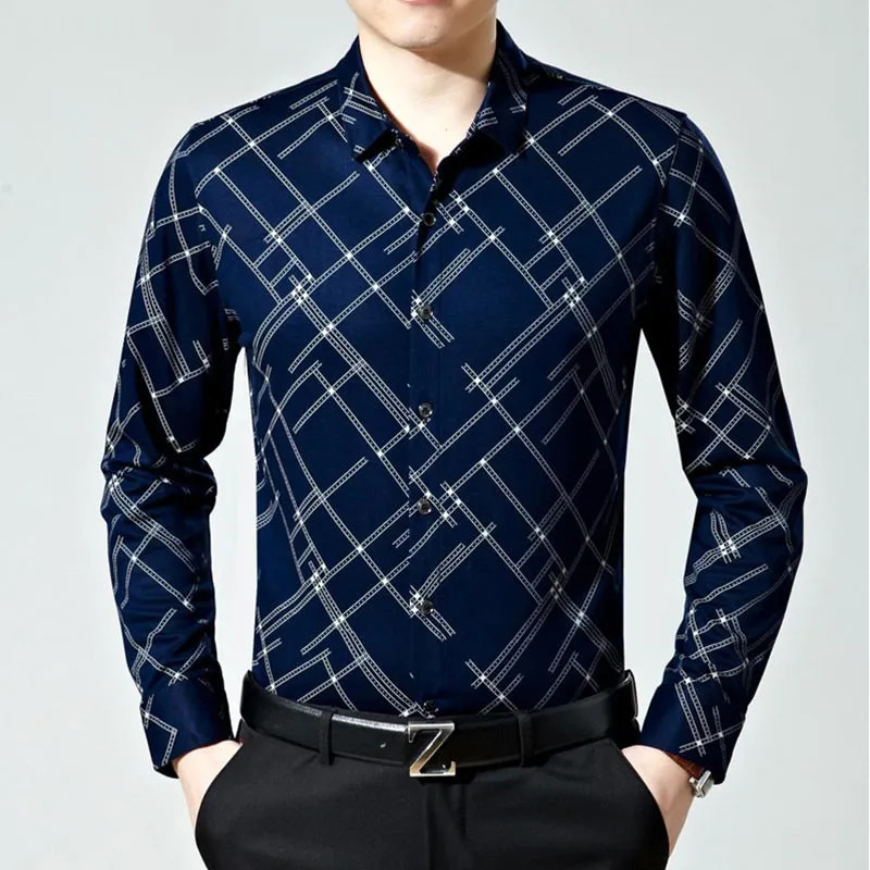 Men's Fashion Plaid Pattern Casual Business Slim Fit Long Sleeve Shirt