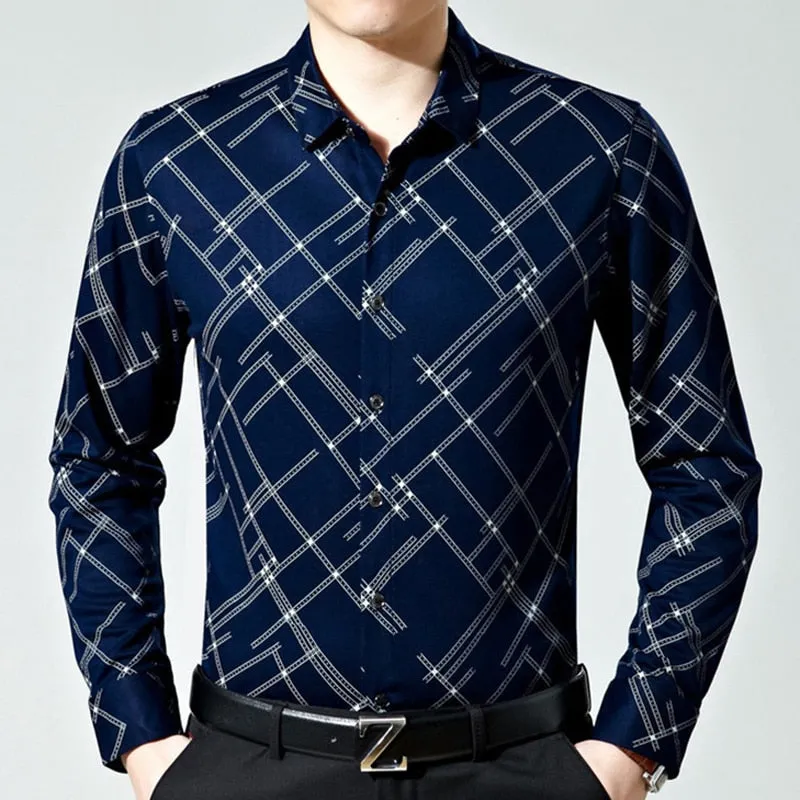 Men's Fashion Plaid Pattern Casual Business Slim Fit Long Sleeve Shirt