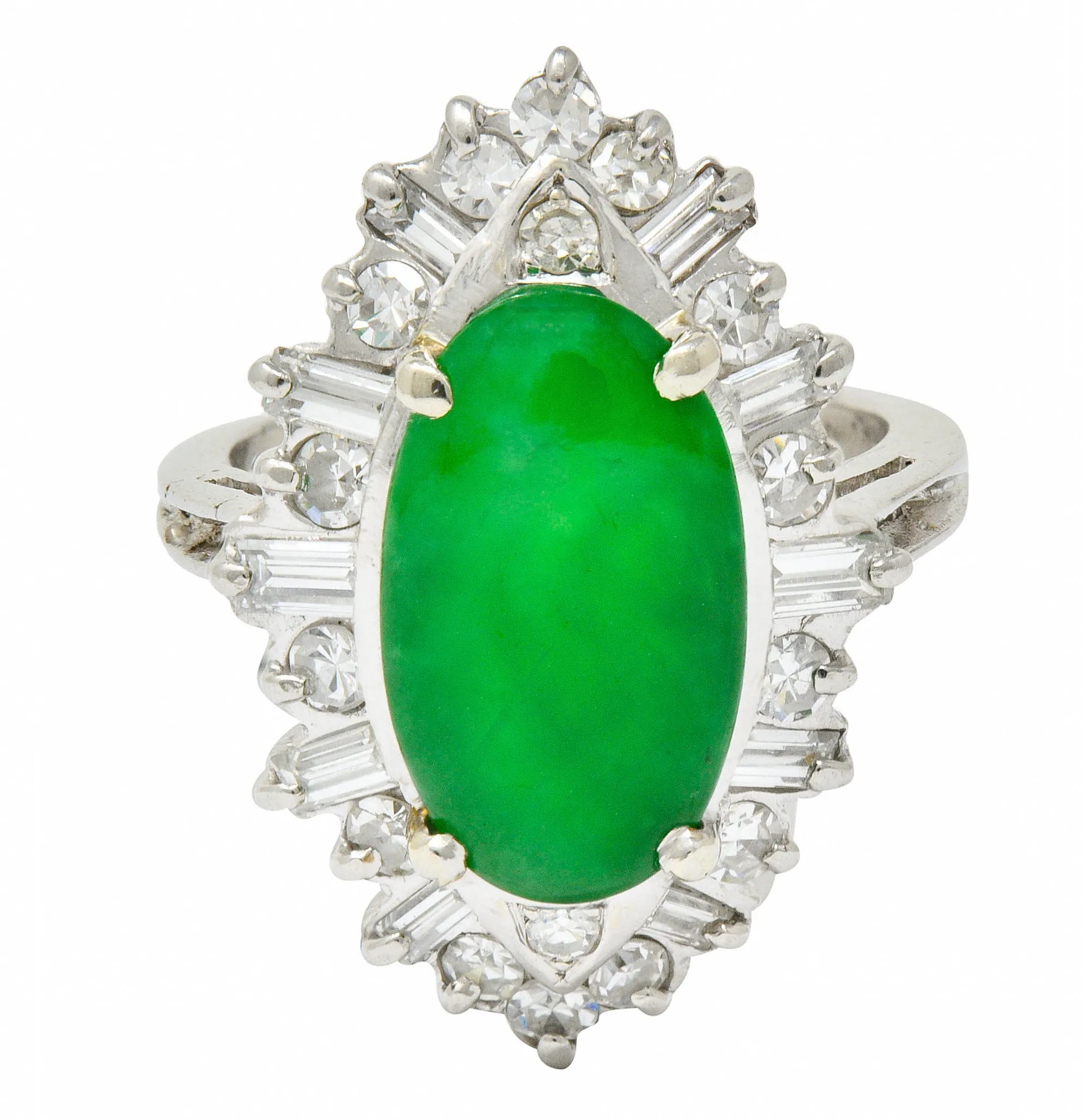 Mid-Century Jadeite Jade 1.26 CTW Diamond Platinum Navette Cluster Ring GIA