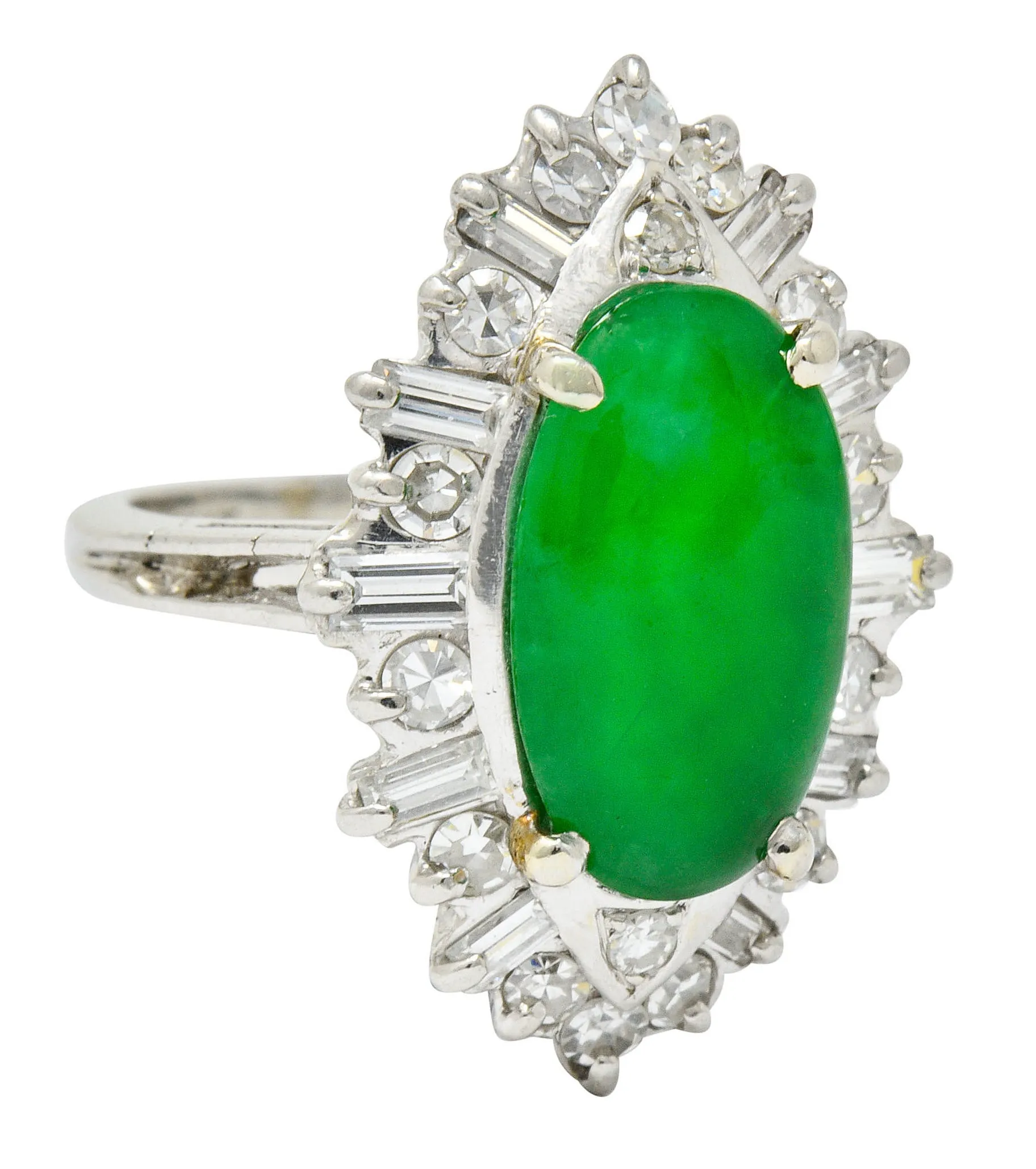 Mid-Century Jadeite Jade 1.26 CTW Diamond Platinum Navette Cluster Ring GIA