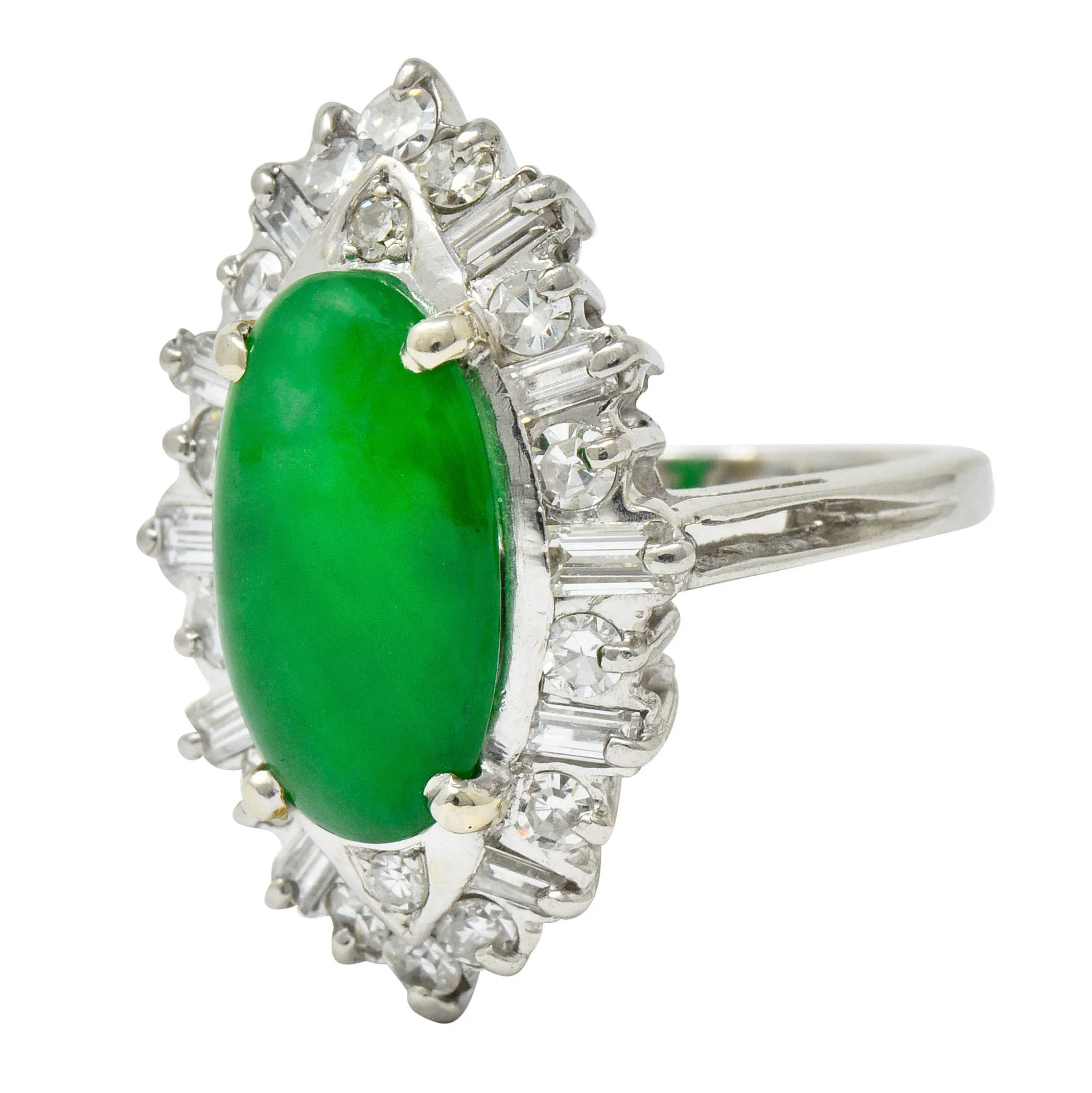 Mid-Century Jadeite Jade 1.26 CTW Diamond Platinum Navette Cluster Ring GIA