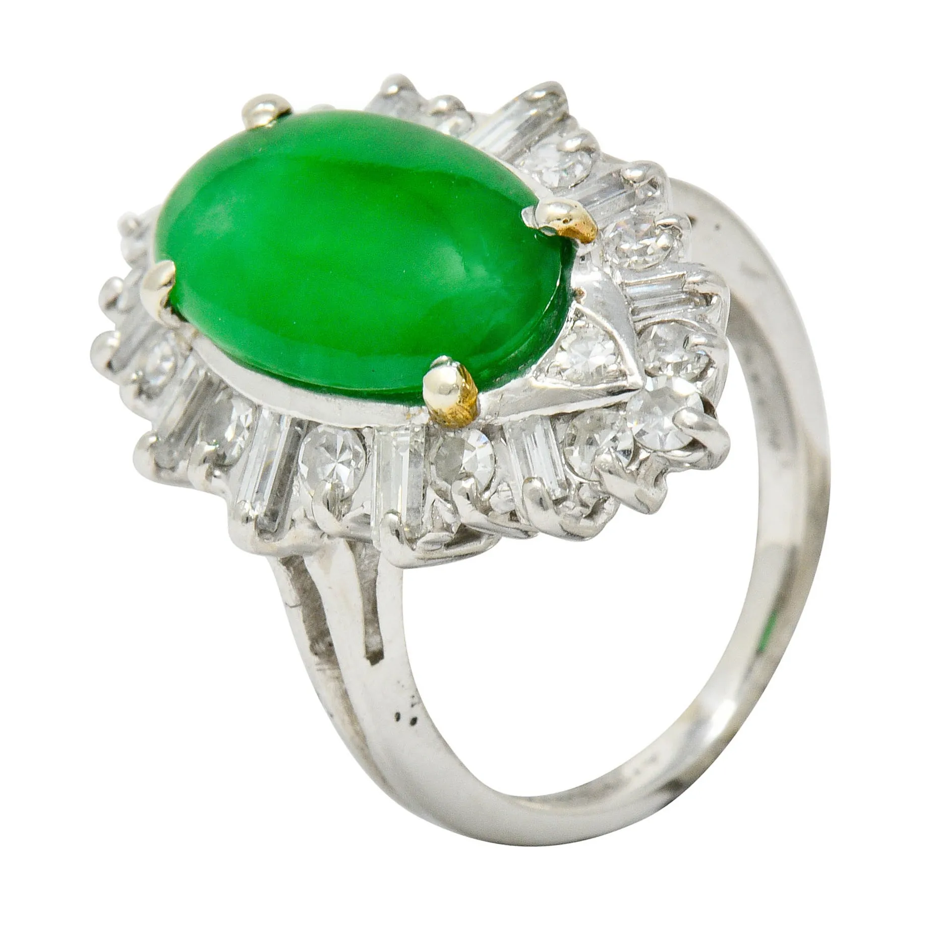 Mid-Century Jadeite Jade 1.26 CTW Diamond Platinum Navette Cluster Ring GIA