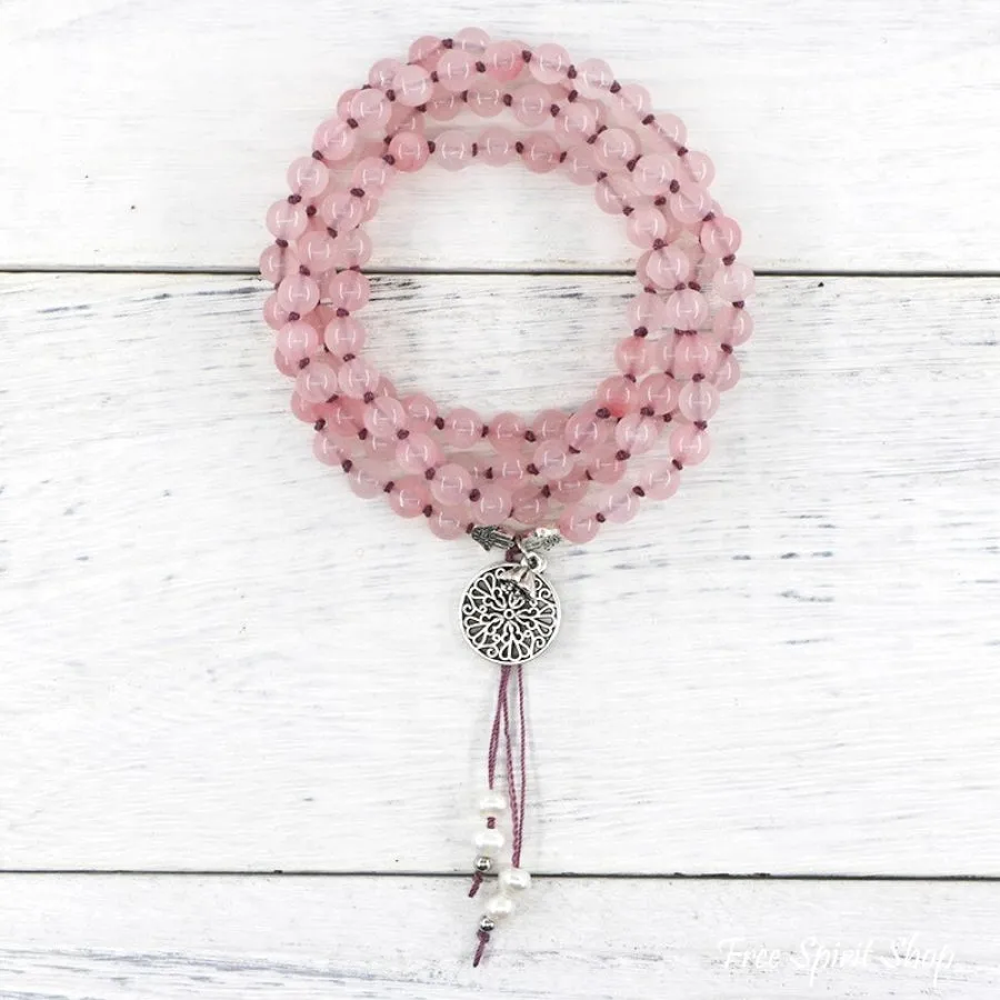 Natural Rose Quartz & Mandala Flower Mala Bead Necklace