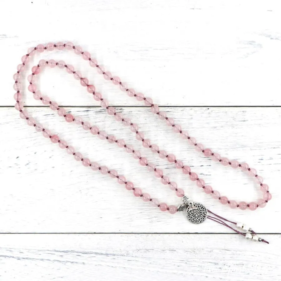 Natural Rose Quartz & Mandala Flower Mala Bead Necklace