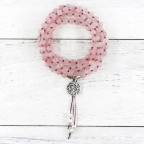 Natural Rose Quartz & Mandala Flower Mala Bead Necklace