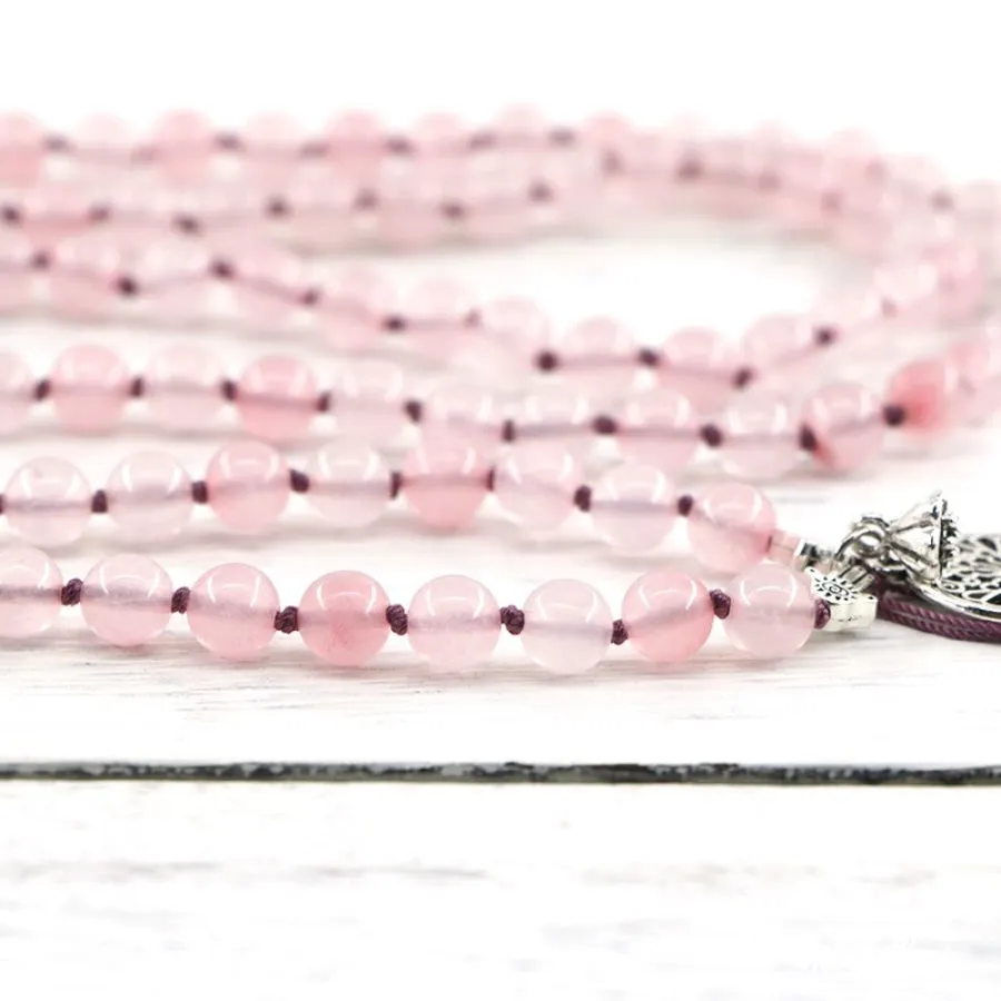 Natural Rose Quartz & Mandala Flower Mala Bead Necklace