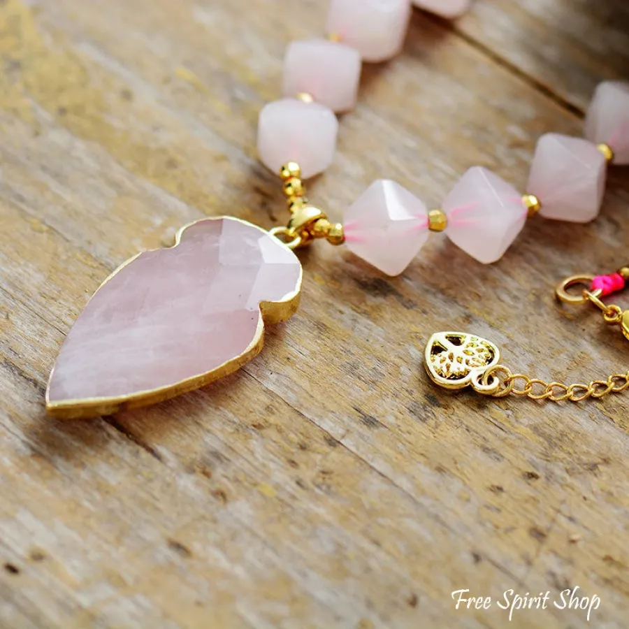 Natural Rose Quartz Diamond Shaped Pendant Necklace