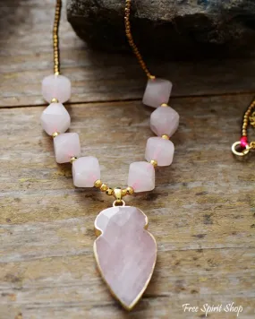 Natural Rose Quartz Diamond Shaped Pendant Necklace