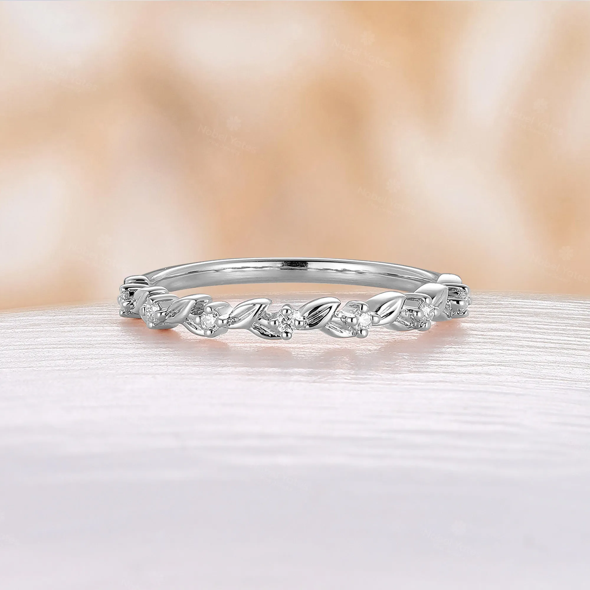 Nature Leaves Design Moissanite Wedding Band Rose Gold Half Eternity