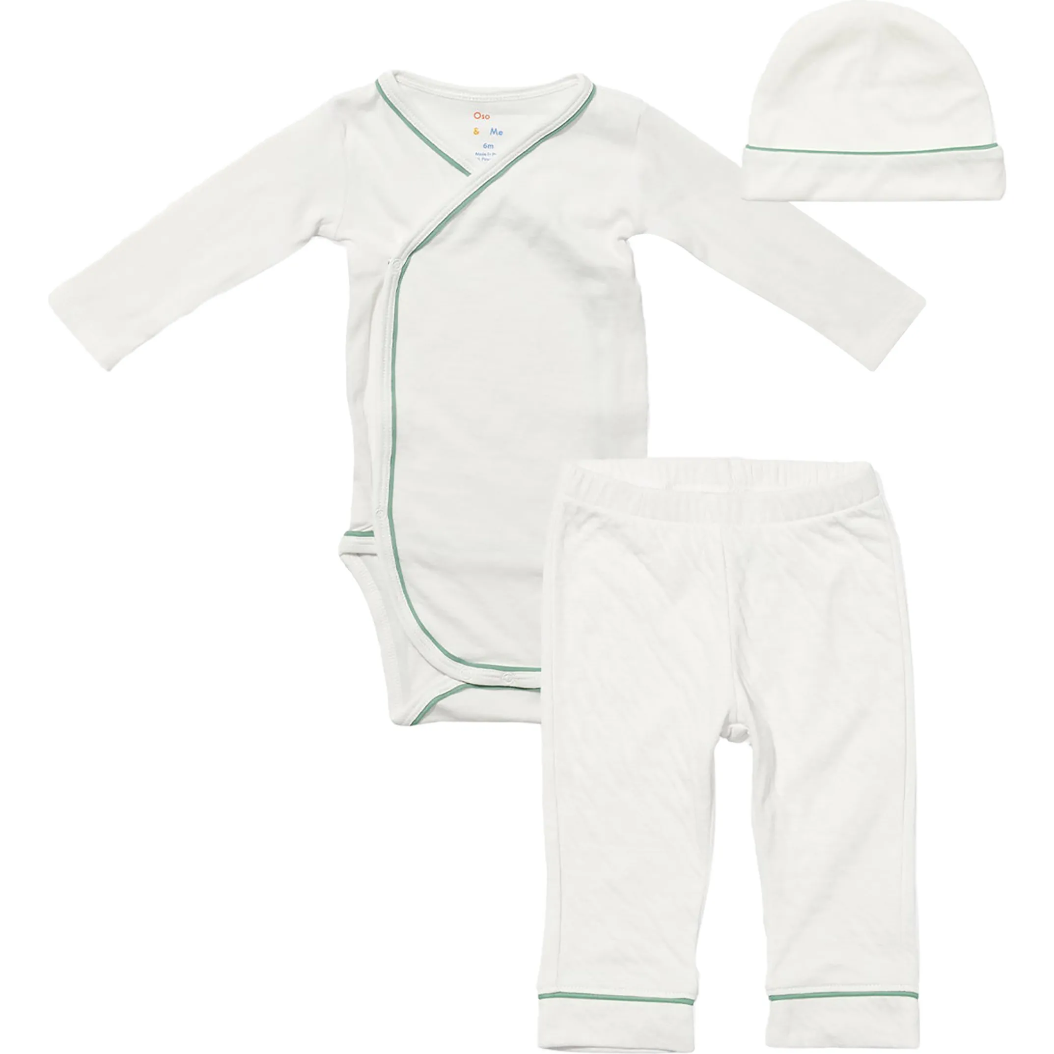 Oso & Me Organic Outfitting Piped Onesie, Pant & Beanie Bundle, Seafoam