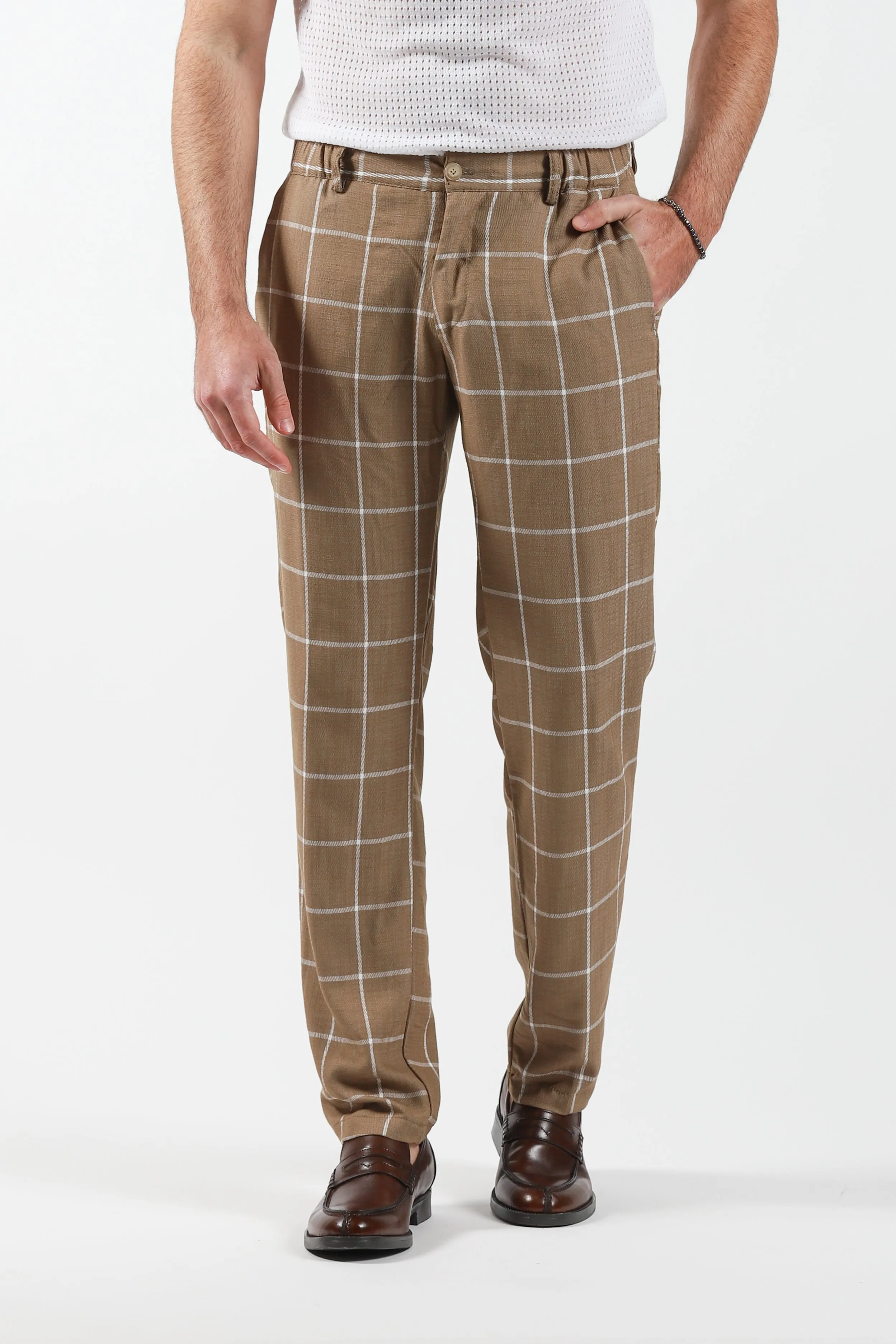 Pantalone quadro elastico laterale - Beige