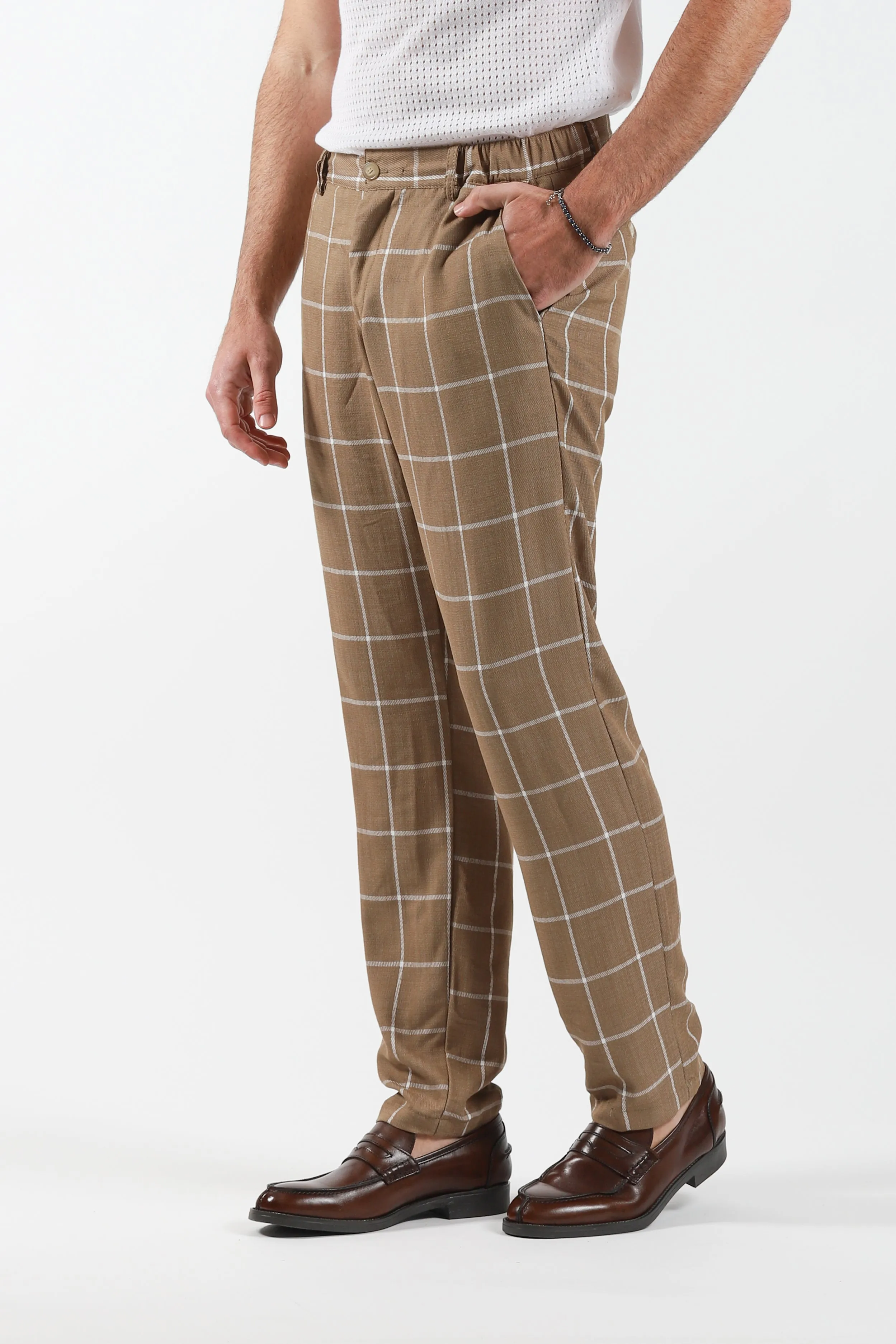 Pantalone quadro elastico laterale - Beige