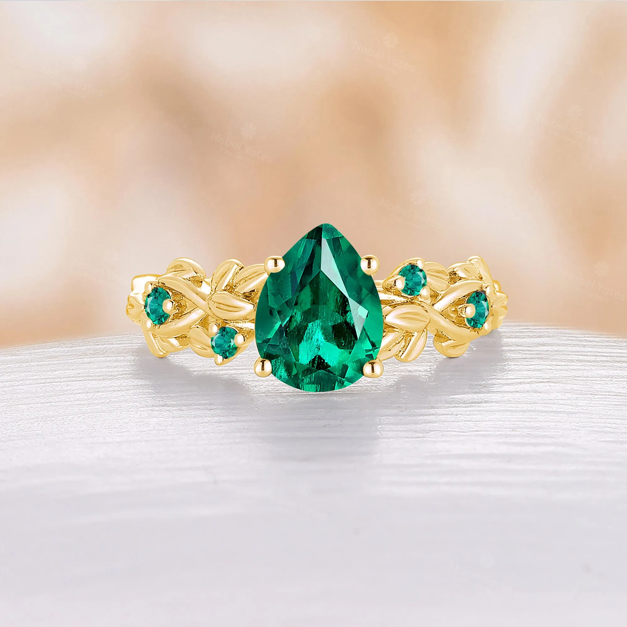 Pear Shape Lab Emerald Nature Inspired Rose Gold Engagement Ring Unique Twist Band