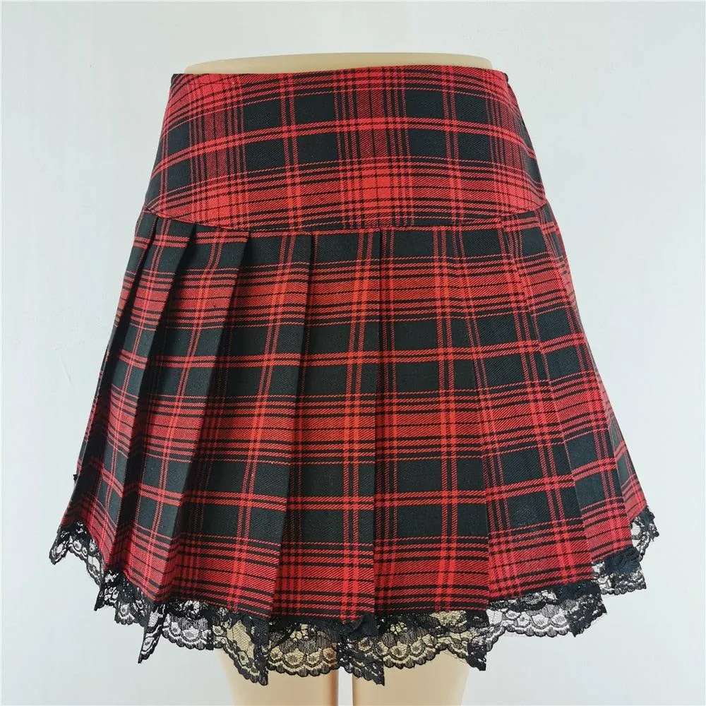 Plaid Contrast Lace Plaid Pleated Vintage Mini Skirt