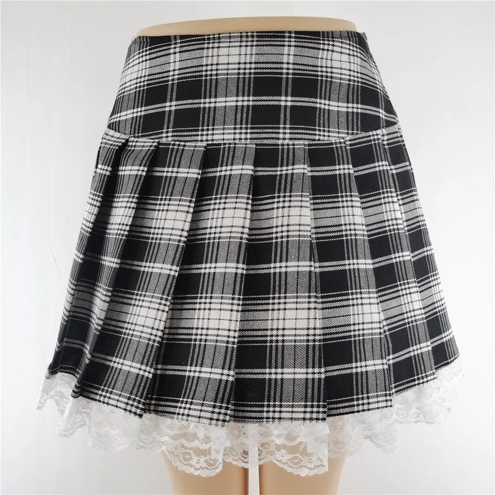 Plaid Contrast Lace Plaid Pleated Vintage Mini Skirt