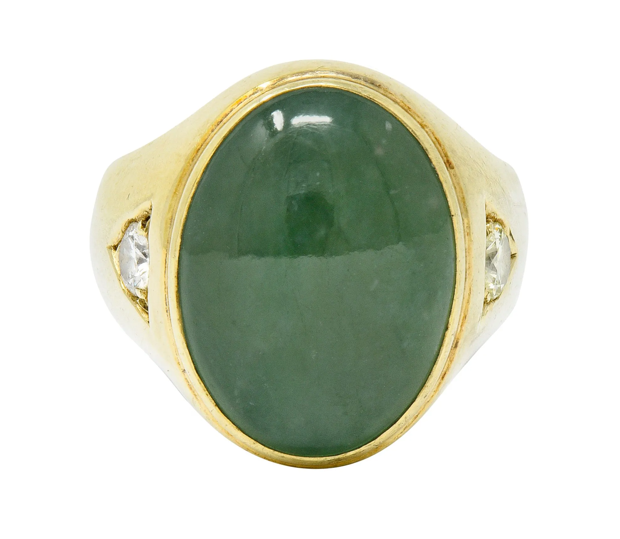 Retro Jadeite Jade Diamond 14 Karat Gold Unisex Cabochon Ring GIA