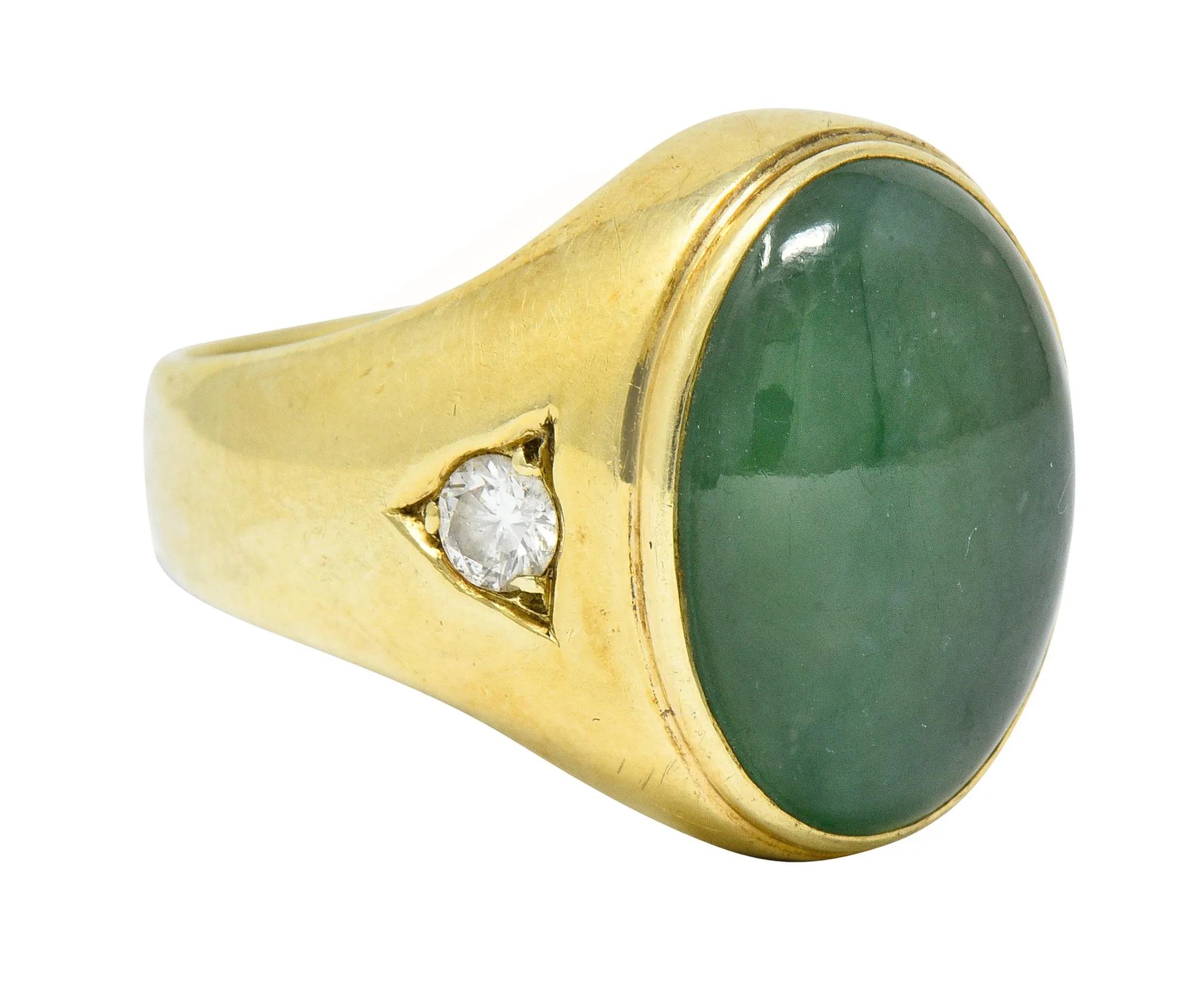 Retro Jadeite Jade Diamond 14 Karat Gold Unisex Cabochon Ring GIA