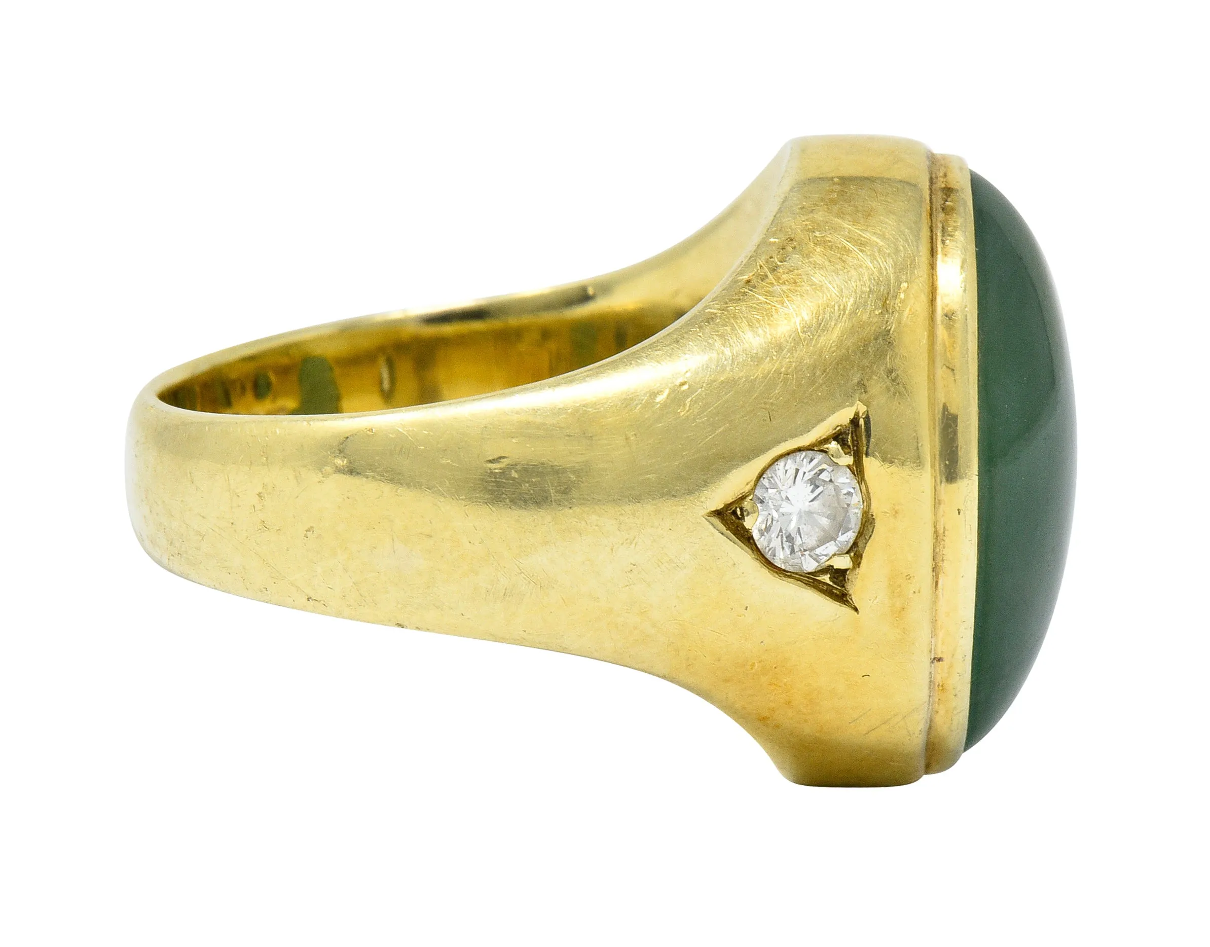 Retro Jadeite Jade Diamond 14 Karat Gold Unisex Cabochon Ring GIA