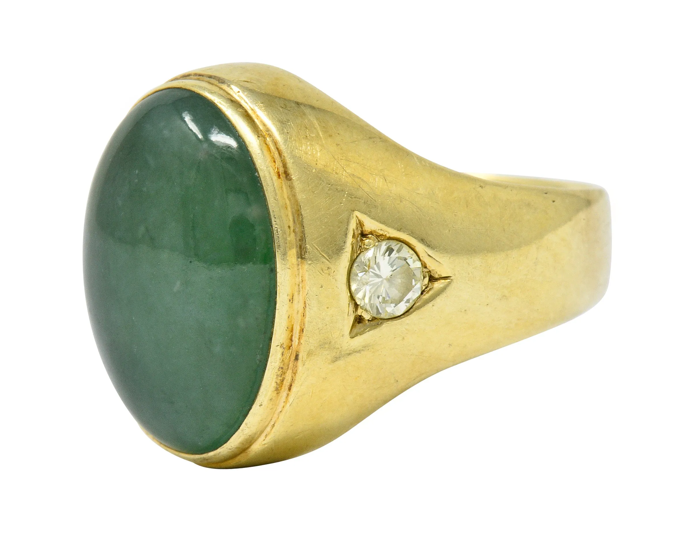 Retro Jadeite Jade Diamond 14 Karat Gold Unisex Cabochon Ring GIA